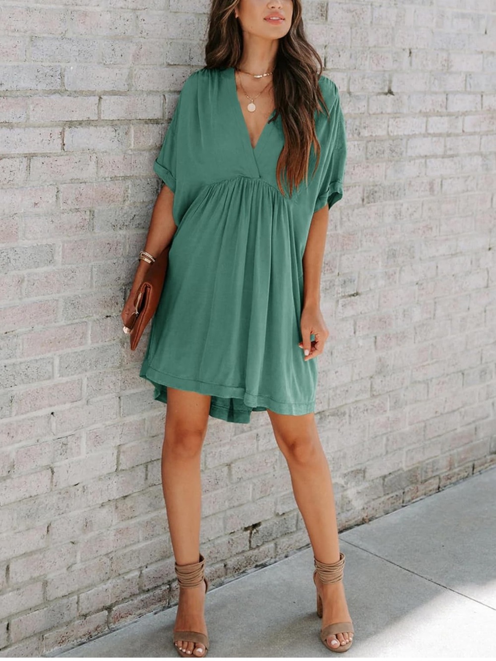 Green V-Neck Babydoll Mini Dress Medium